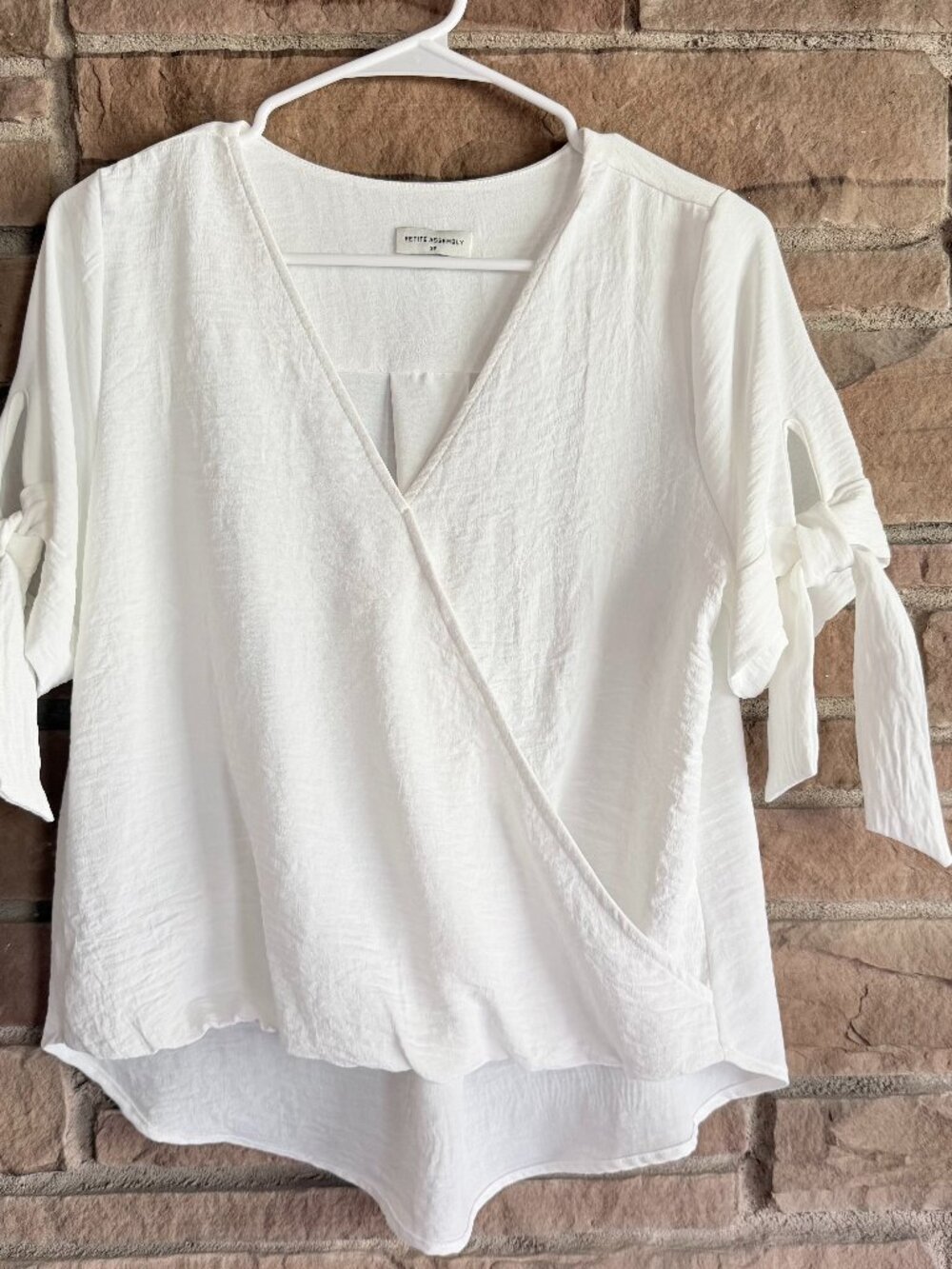 Petite Assembly White Ariane Wrap Blouse, Tie Sleeves, Size SP